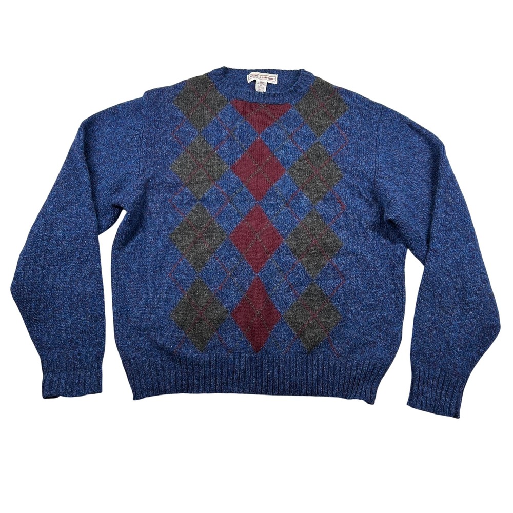 Vintage John Ashford Sweater Mens XL Argyle 100% Shetland Wool Crewneck Blue